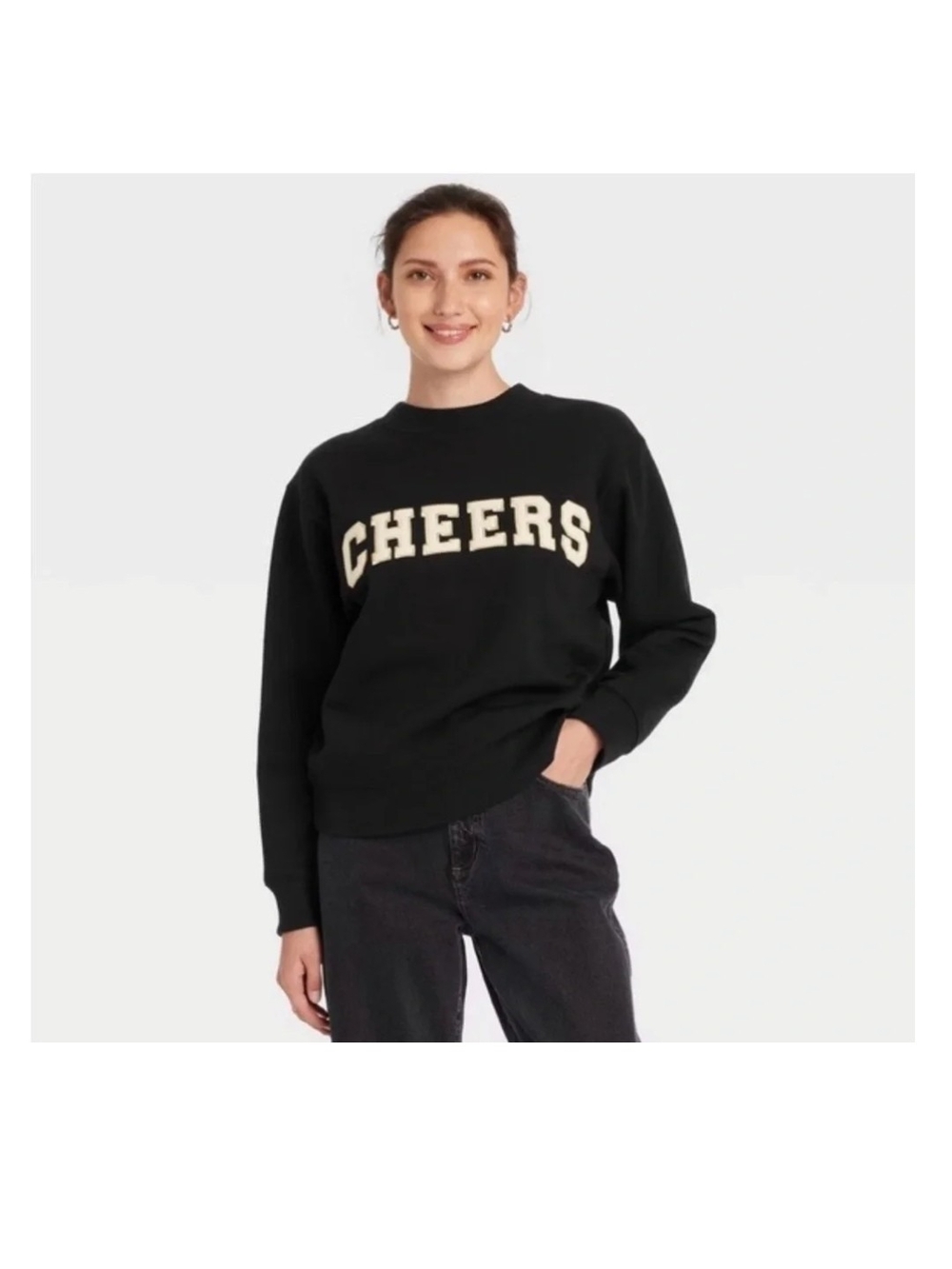 Universal Thread Black Crewneck Sweater with 'CHEERS' Applique Size Medium